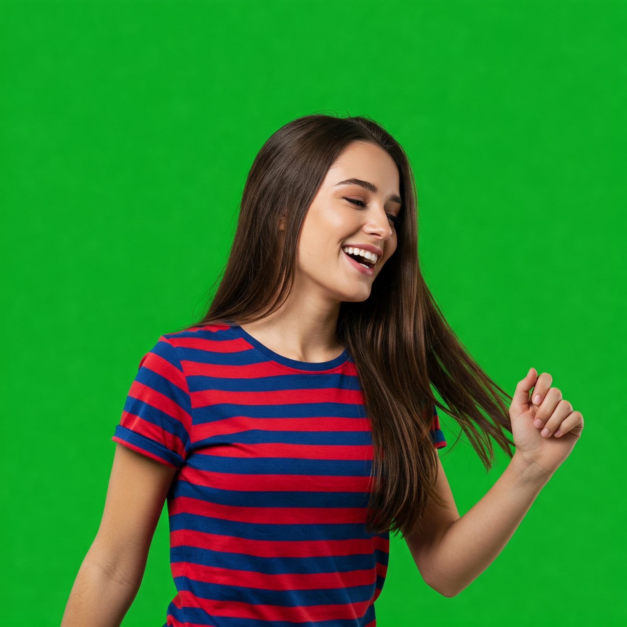 photo of Laughing Young Woman Dancing in Striped Shirt Against Green Screen